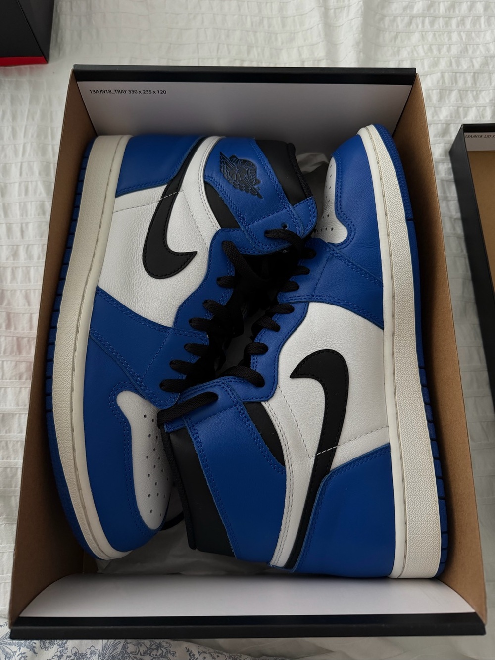 Jordan Retro High Top Sneakers in White/Blue/Black - Picture 2 of 3